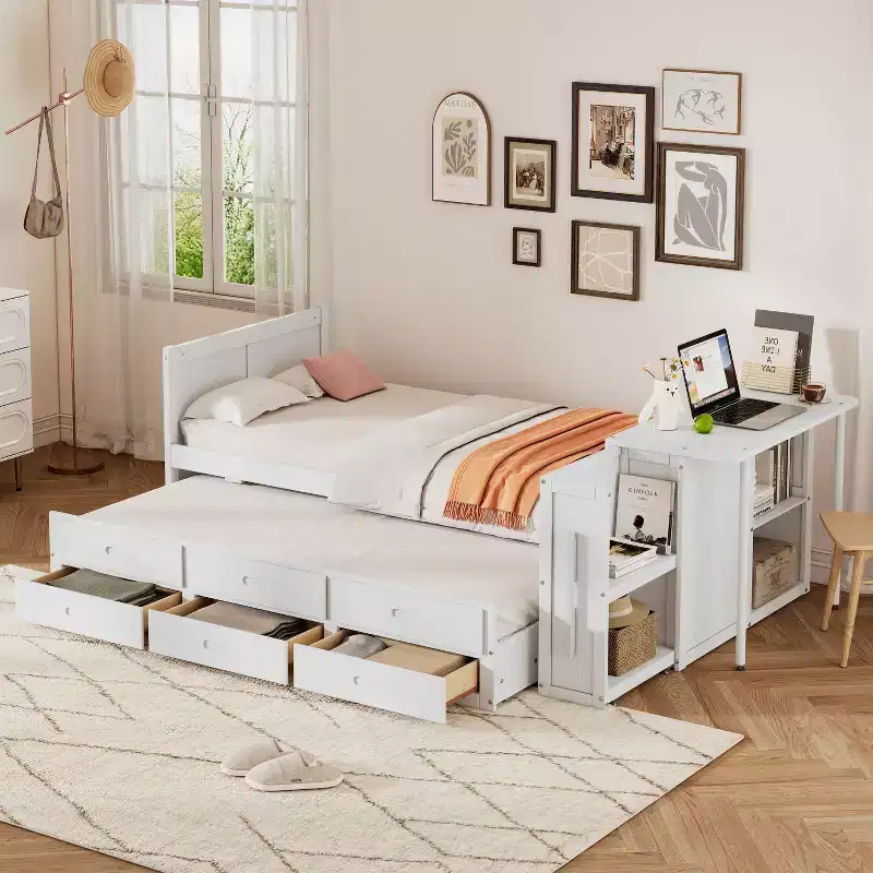 MAYEERTY Twin Size Multifunctional Wood Platform Bed with Desk Storage Shelf Trundle 3 Drawers for Bedroom White