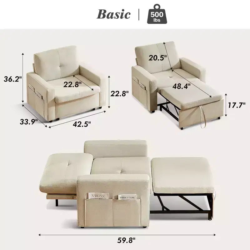 42.5 3-in-1 Sleeper Chair Bed, Convertible Sofa Chair with Pull Out Bed, Adjustable Backrest, Side Pockets