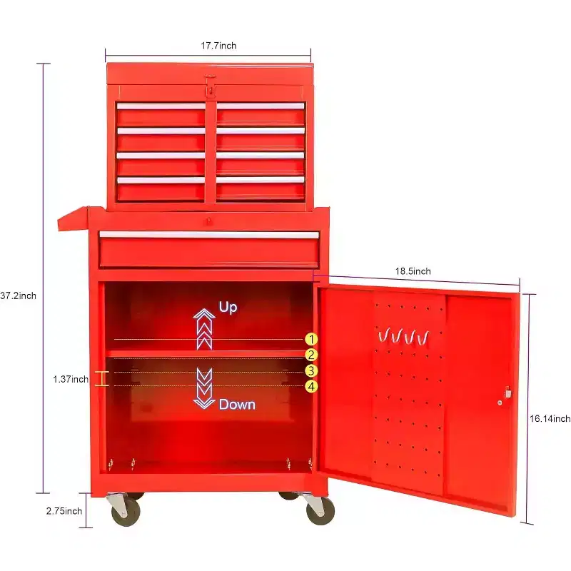 5-Drawer Rolling Tool Chest, with Adjustable Shelf & Detachable Portable Storage Organizer Trolley for Garage, Warehouse, Workshop, Red