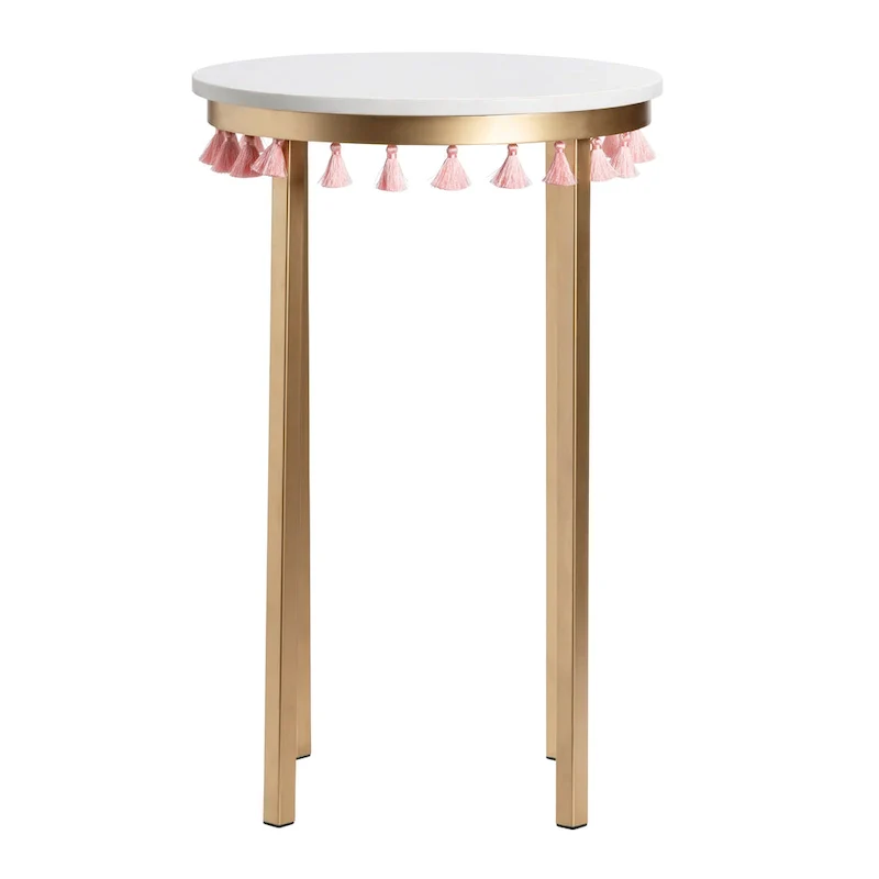 Marble Top Accent Table with Pink Tassels, 16 x 16 x 24 Inches