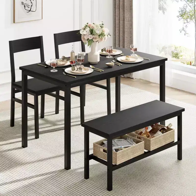 Dining Table Set for 4, Modern Kitchen Table with Chairs and Bench for Small Space, 4-Person Dining Room Table Set with Metal Frame and Storage Rack