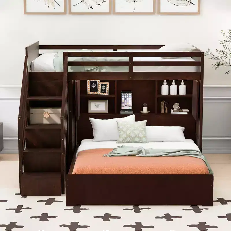 Twin over Full Bunk Bed with Wardrobe, USB Ports, Light, Storage Shelves & Storage Stairs - ModernLuxe