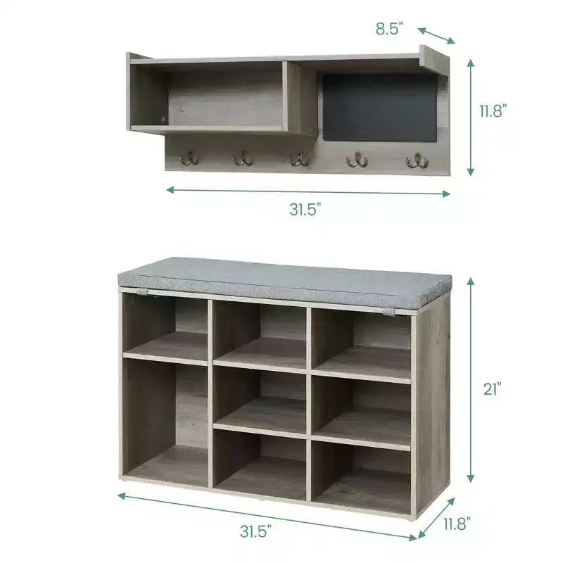 Industrial Wall Mounted Hall Tree Coat Rack and Shoe Bench Set  5 Hooks, 10 Storage Cubbies, Blackboard  Entryway Organizer and Bench