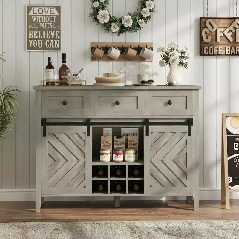 Farmhouse Coffee Station Cabinet with Sliding Barn Door, Sideboard Buffet with Wine Rack and 3 Drawers
