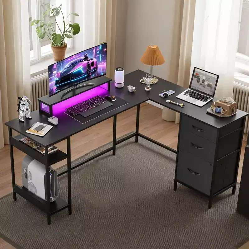 60-Inch L-Shaped Gaming Desk, Corner Computer Desk with Storage, Power Outlets & LED Lights