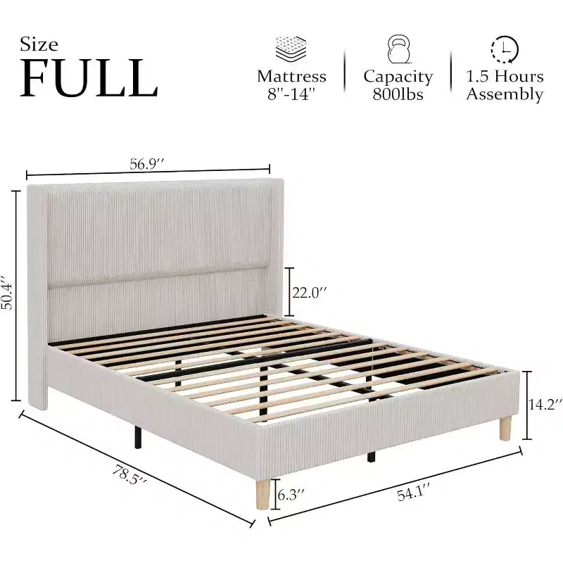 Corduroy Upholstered Platform Bed with Wingback Headboard, Wood Slats, No Box Spring Needed