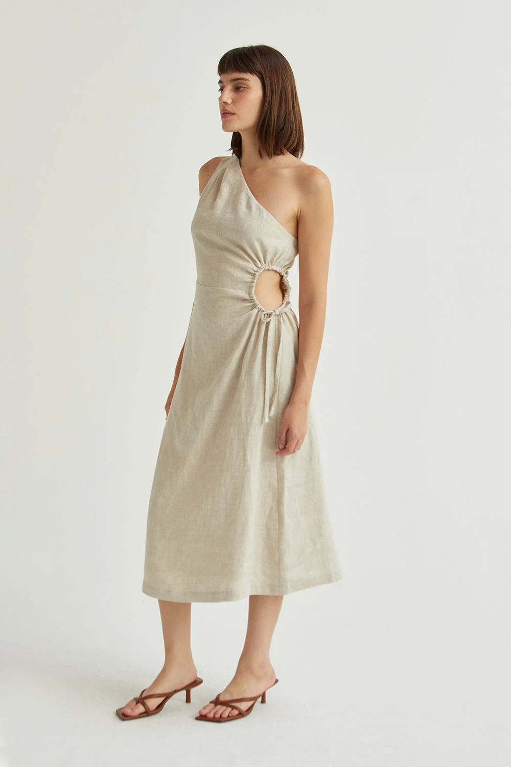 One Shoulder Midi Dress with Side Cutout in Linen