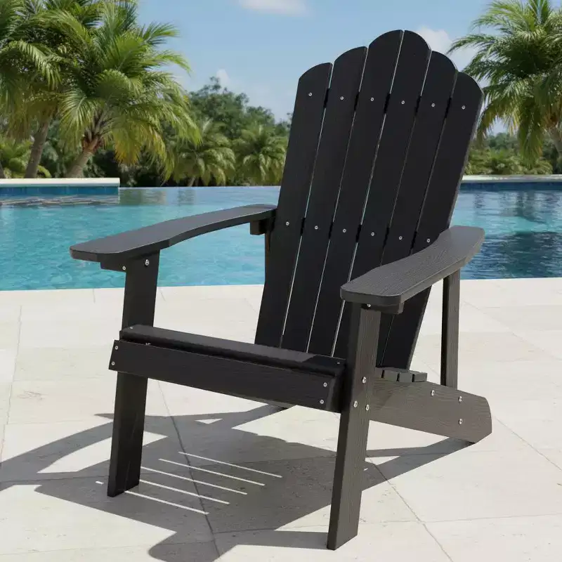 Gymax Outdoor Patio Adirondack Chair Made of Durable HIPS Material with Built-in Cup Holder Weather-Resistant and Supports Up to 380lbs Black/Teak