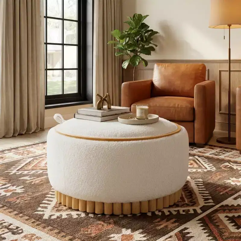 Round Storage Ottoman with Solid Wood Cylinder Base & Reversible Lid