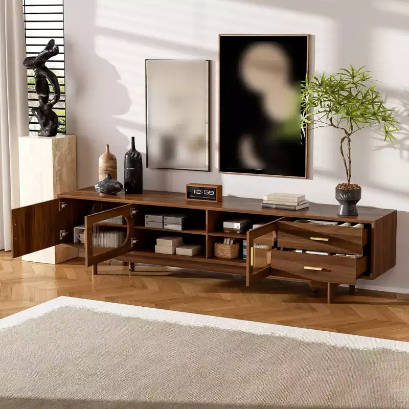 Modern Fluted TV Stand for TVs up to 85, 78 Wooden Entertainment Center with Storage Cabinet & 2 Drawers, TV Console Table for Living Room Bedroom