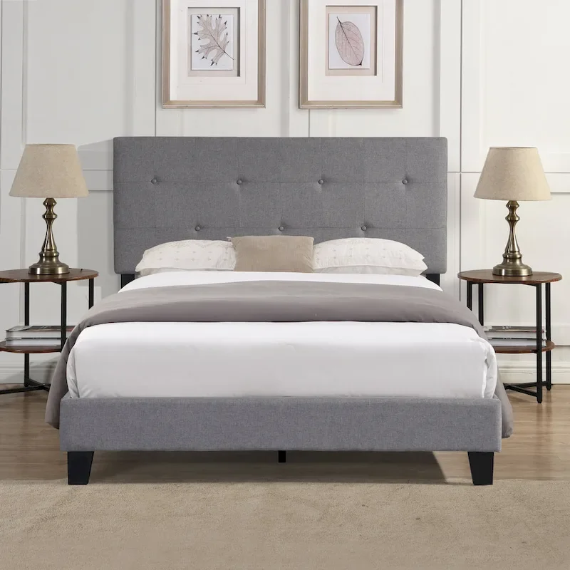 Queen Upholstered Platform Bed | Gray Linen Fabric Headboard | Slat Support | No Box Spring Needed