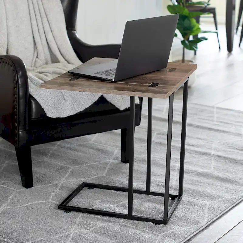 C-Shape Side Table, Faux Stone Top, Black Frame, Space-Saving Design
