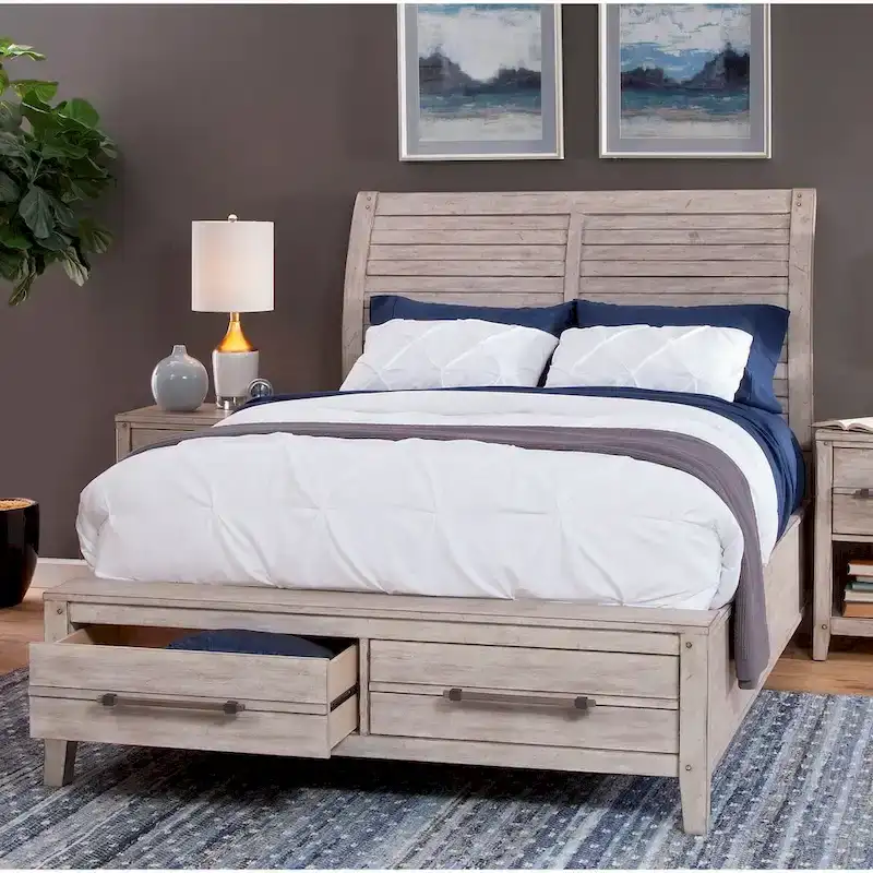 Antique Whitewash / Weathered Grey Rustic Sleigh Bed with Planked Headboard and 2 Footboard Drawers – Queen or King