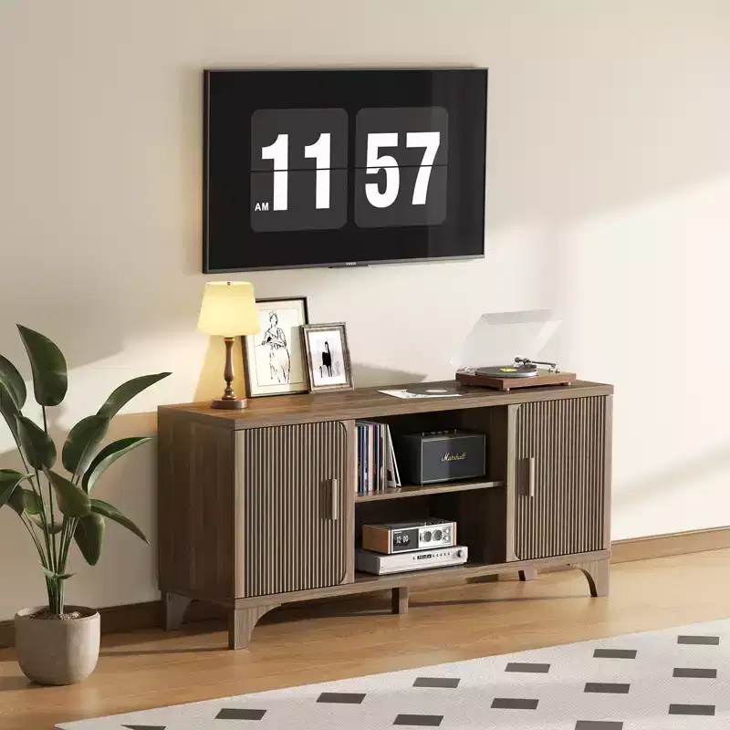 Mid-Century Modern TV Stand for 32-65 in TVs Fluted Doors Storage Cabinets Shelves Walnut