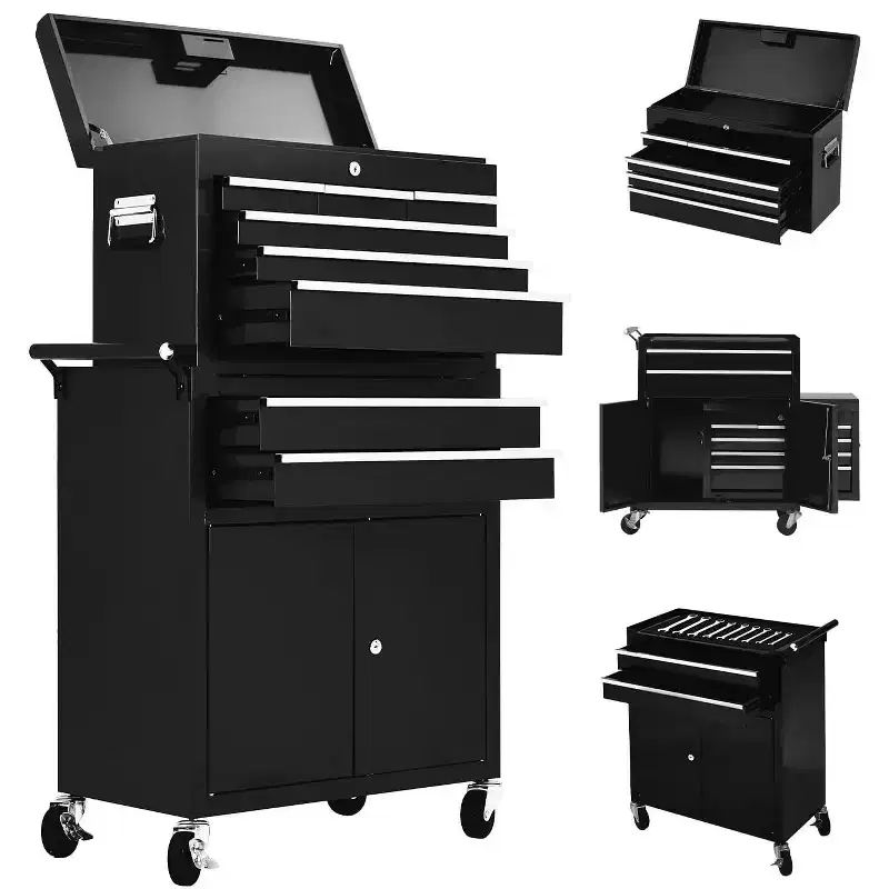 Heavy Duty 8 Drawer Tool Chest,Rolling Tool Box Cabinet,2-in-1 Detachable Metal Tool Storage Organizer,Lockable Steel Tool Cart with Portable Top Box