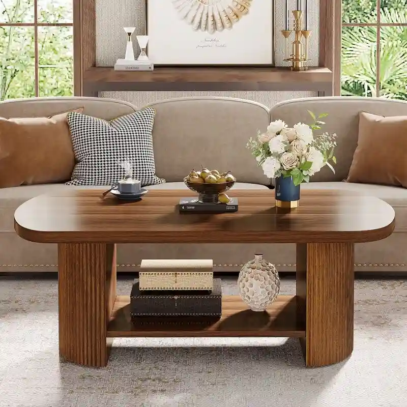 45.2 Inch Wood Coffee Table, Center Table with 2 Tier Shelves