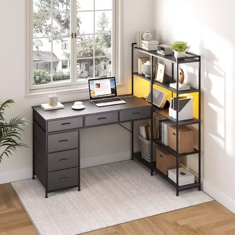 L Shaped Office Desk with Power Outlets and Type-C Port, Large Computer Gaming Desk with 6 Fabric Drawers, Corner Study Work Writing Desk