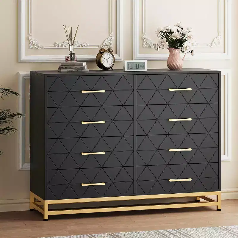Black MDF+PB+Iron Chest of Drawers, 8-Large Drawers, Triangle Pattern Panel, Dustproof & Wear-Resistant, Suitable for Multiple Scenarios