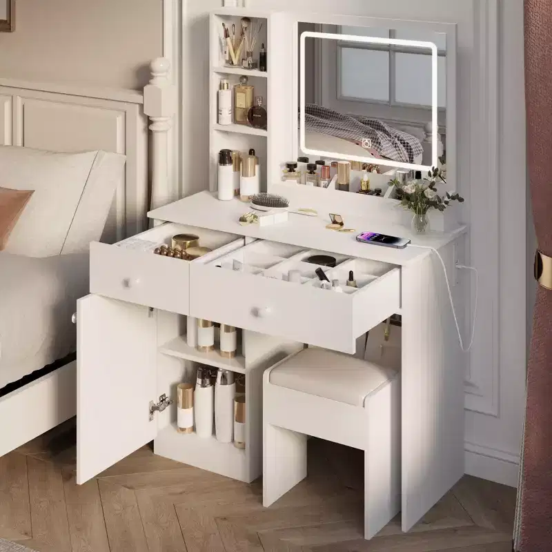 35.4W Elgant Vanity Table with 2 Big Drawers and Chair, Vanity Mirror with 3-Colors LED Light for Makeup, White