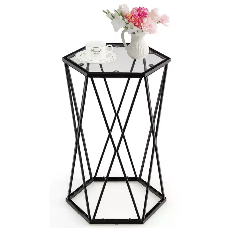 Black Metal Frame Round Glass Top Side Table for 1
