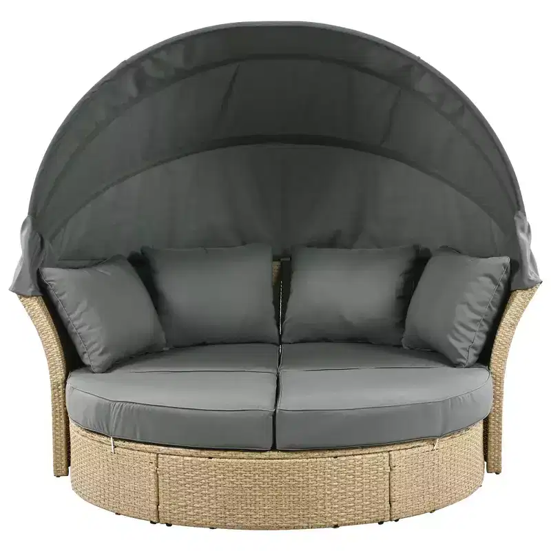 Outdoor Daybed, Round Sofa with Cushions, 4 Pillows, Zippers Cushion Covers, Iron Frame, Retractable Canopy for Garden, Backyard, Lawn, Porch