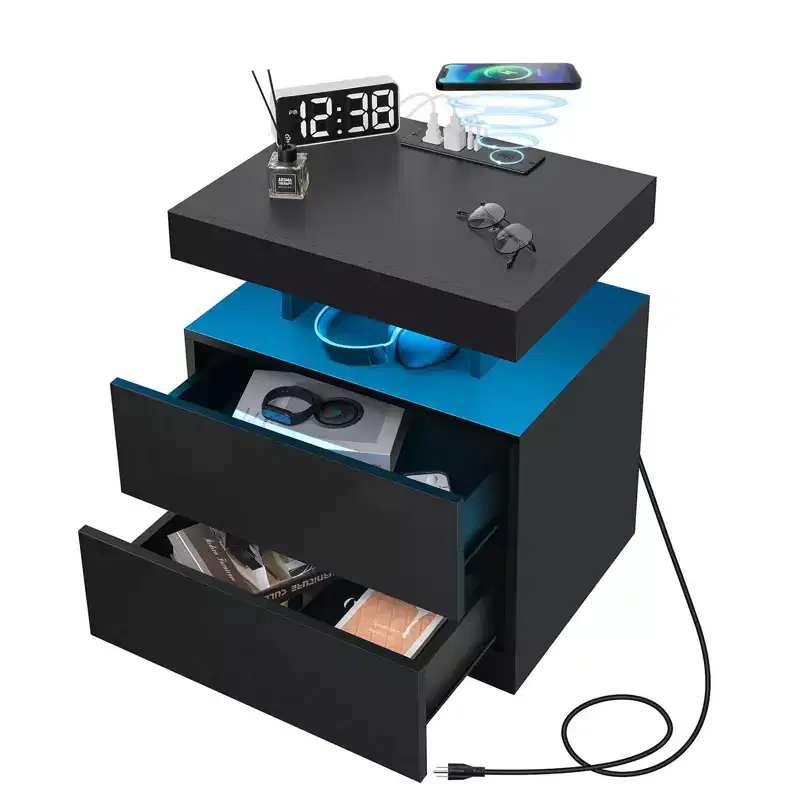 Hommpa Modern LED Nightstand with Wireless Charging Station & 2 Drawers
