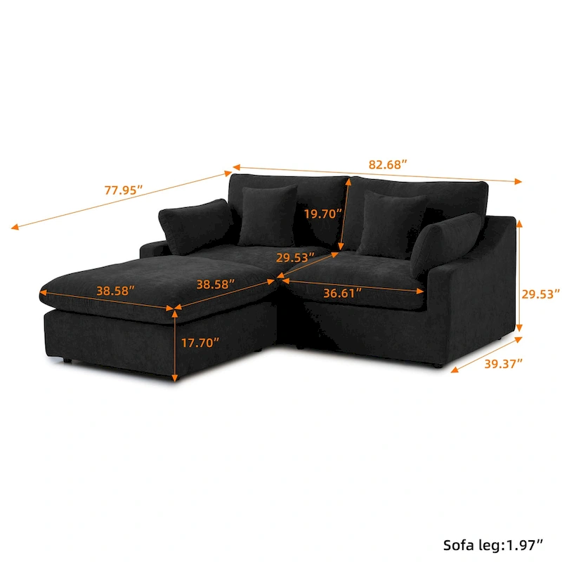 82.68 Down Filled Sectional Couch L-shape Linen Upholstered Loveseat with Ottoman