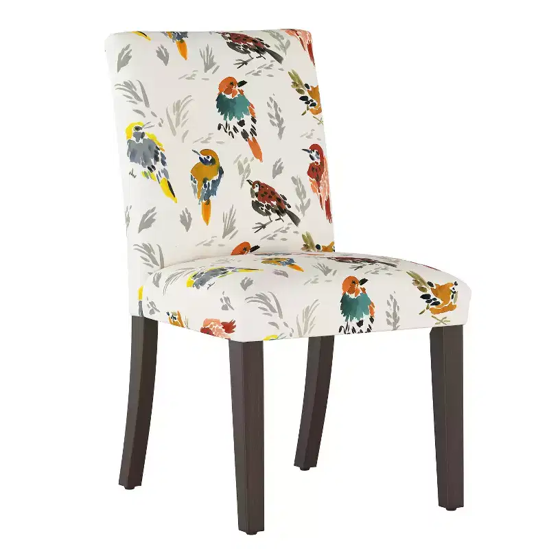 Upholstered Dining Chair with Bird Print, Barrel Back, Linen-Cotton Blend