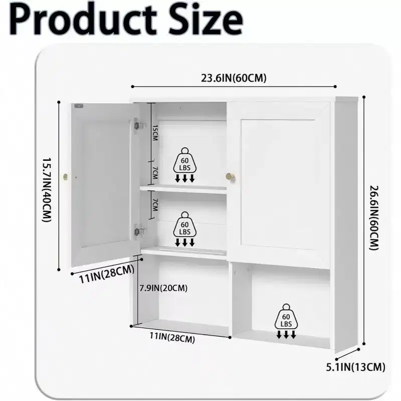 Bathroom Wall Cabinet with 2 Doors Adjustable Shelves 3 - Tier Wood Storage Over Toilet White Wall Mounted