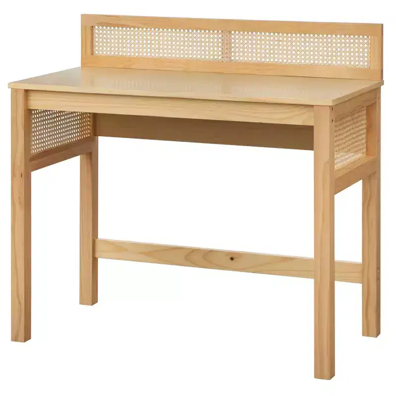 Natural Cane Desk with Pinewood Legs, Light Oak Finish, Home Office Writing Desk