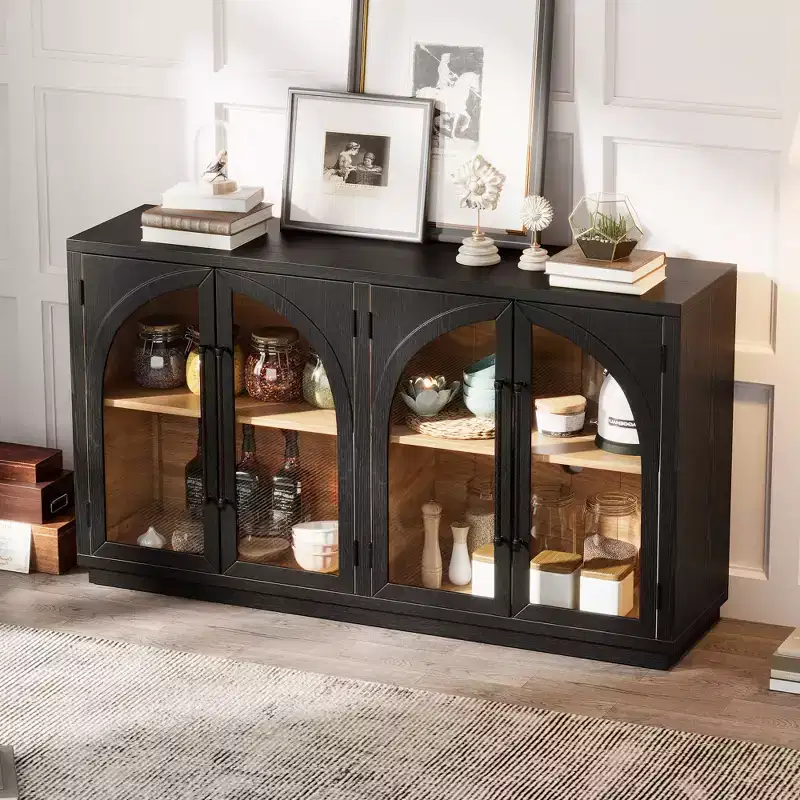 JVNOXK 60-inch Four-Door High-Capacity Storage Sideboard Arched cabinet design with adjustable shelves Ideal for kitchens ,Black