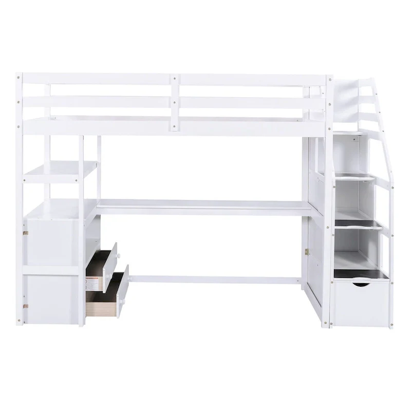 Twin Loft Bed with Desk, Shelves & 2 Storage Drawers, Pine & MDF, 95.1