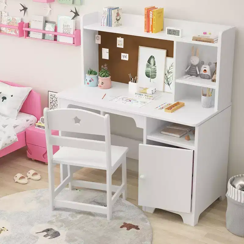 Kids Desk and Chair Set, Wooden Study Desk with Hutch, Storage Cabinet, Writing Desk-Computer Workstation for Kids Bedroom & Study Room,White
