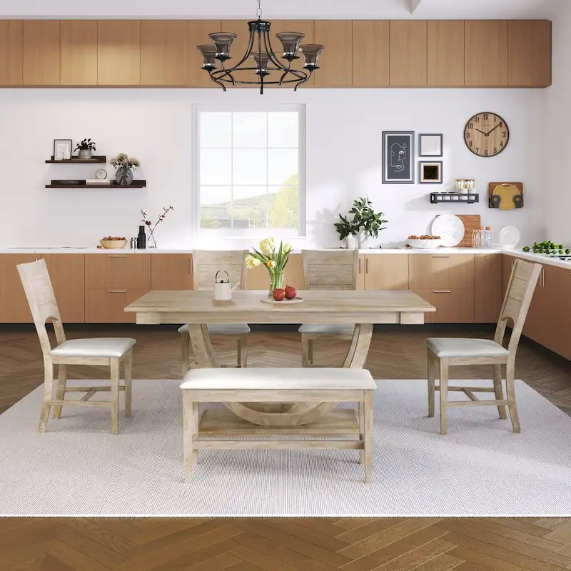 6-Piece Wood Half Round Dining Table Set Kitchen Table Set with Long Bench and 4 Dining Chairs, Modern Style, Gray