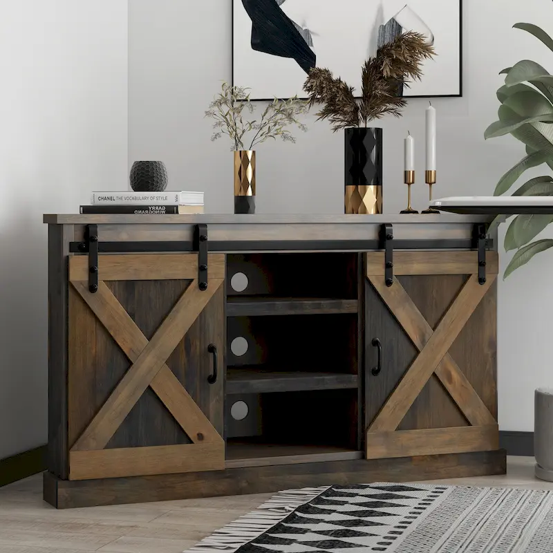 Farmhouse 56 inch Corner TV Stand for TVs up to 60 inches, No Assembly Required, Barnwood Finish