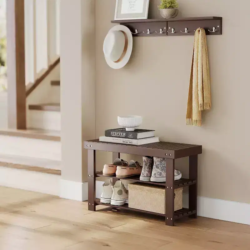 Shoe Rack Bench, 3-Tier Bamboo Shoe Storage Organizer, Entryway Bench, Holds Up to 286 lb, 11.3 x 27.6 x 17.8 Inches, for Entryway Bathroom Bedroom