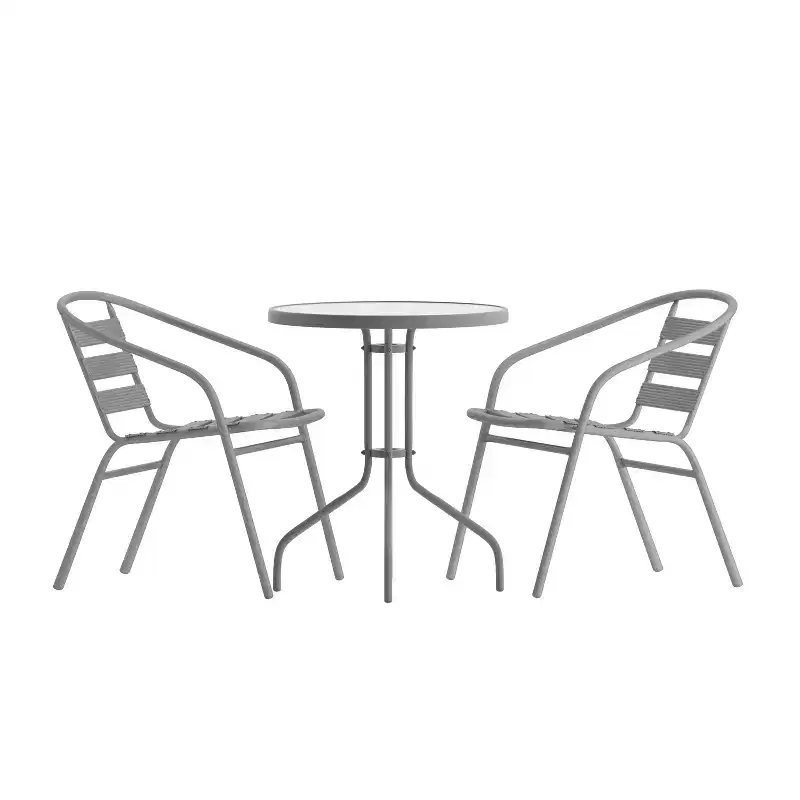 Emma and Oliver 23.75'' Round Glass Top Metal Table with 2 Aluminum Slat Stack Chairs