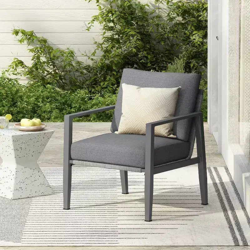 26W Patio Accent Chair Lounge Chair Arm Chair with Comfortable Cushions and Stylish Rope-Weave Design, Aluminum, Gray/Silver&White-ModernLuxe