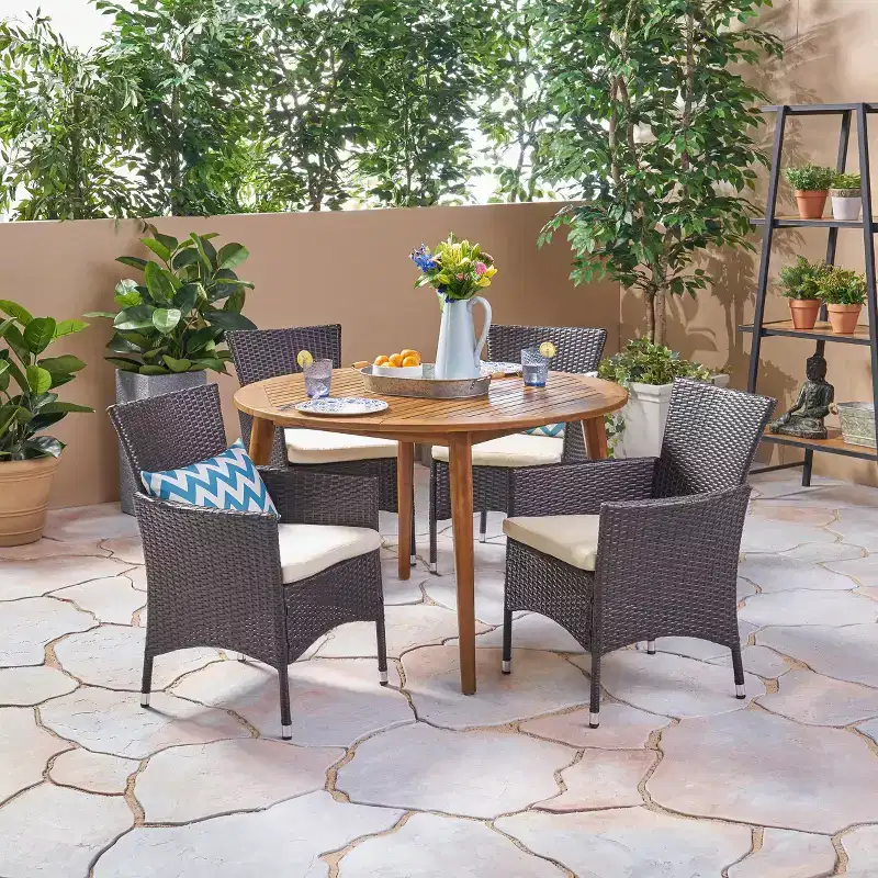 Christopher Knight Home Biella Outdoor Acacia Wood and Wicker 5 Piece Dining Set with Cushion