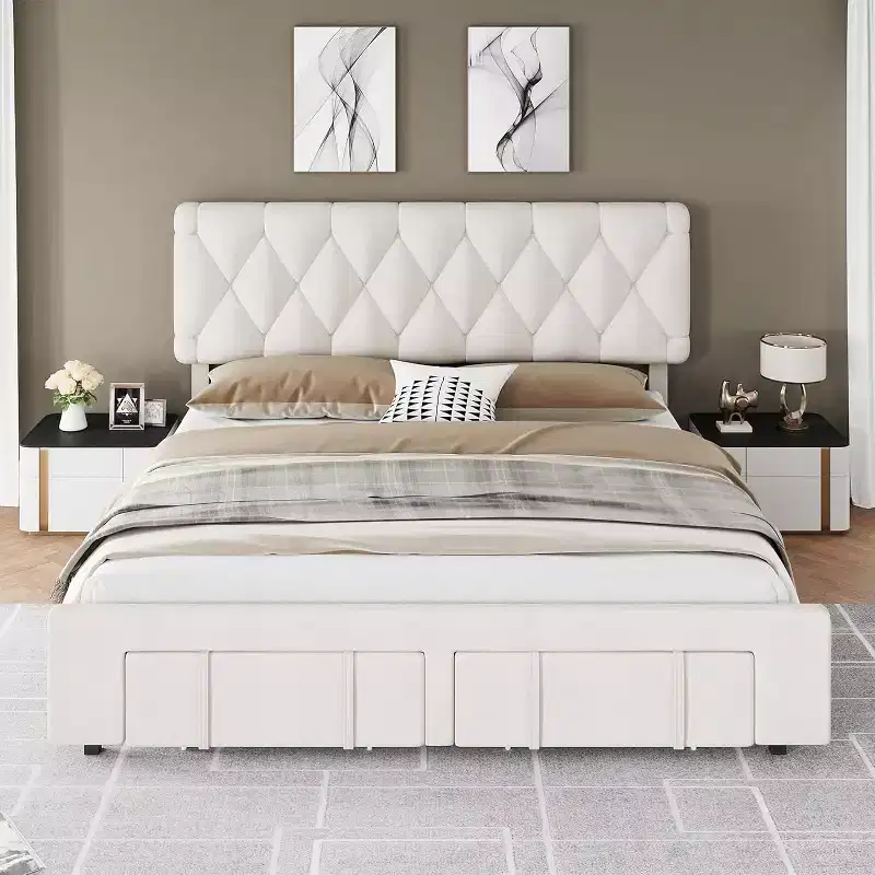 Full/Queen/King Size Upholstered Platform Bed Frame with 2 Storage Drawers, Solid Wood Slats, No Box Spring Needed, Noise-Free