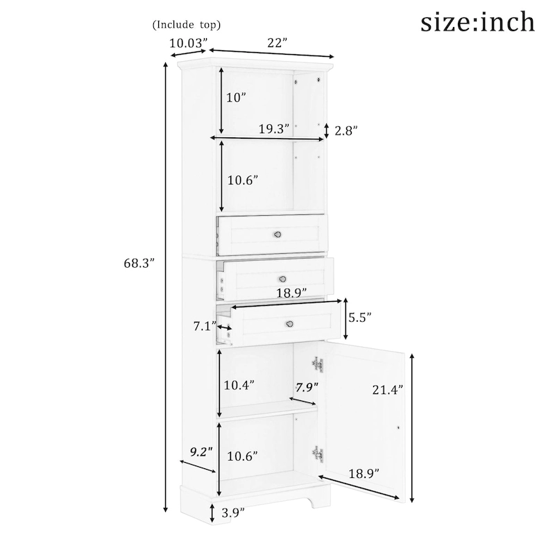Tall Storage Cabinet with 3 Drawers and Adjustable Shelves