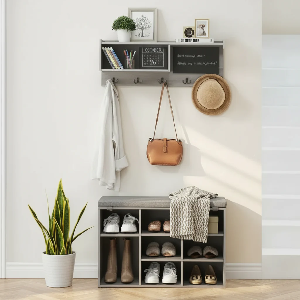 31.5 Industrial Hall Tree with Shoe Bench, Entryway Coat Rack with 5 Hooks & 9 Storage Cubbies, Bookshelf & Blackboard