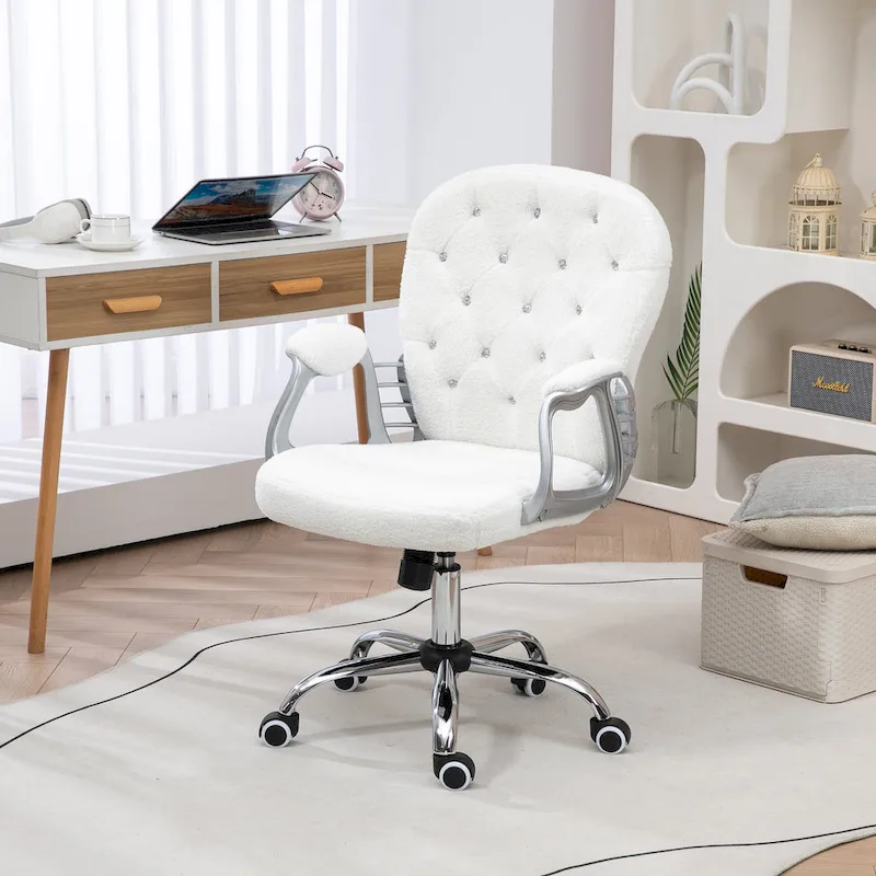 Vanity Middle Back Office Chair Tufted Backrest Swivel Rolling Wheels Task Chair with Height Adjustable Armrests