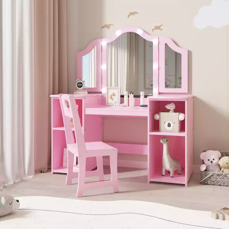 Kids Vanity Table and Chair Set, Princess Makeup Table and Chair Set, Detachable Tri-Folding Mirror, Wooden Kid Makeup Dressing Table, for Bedroom