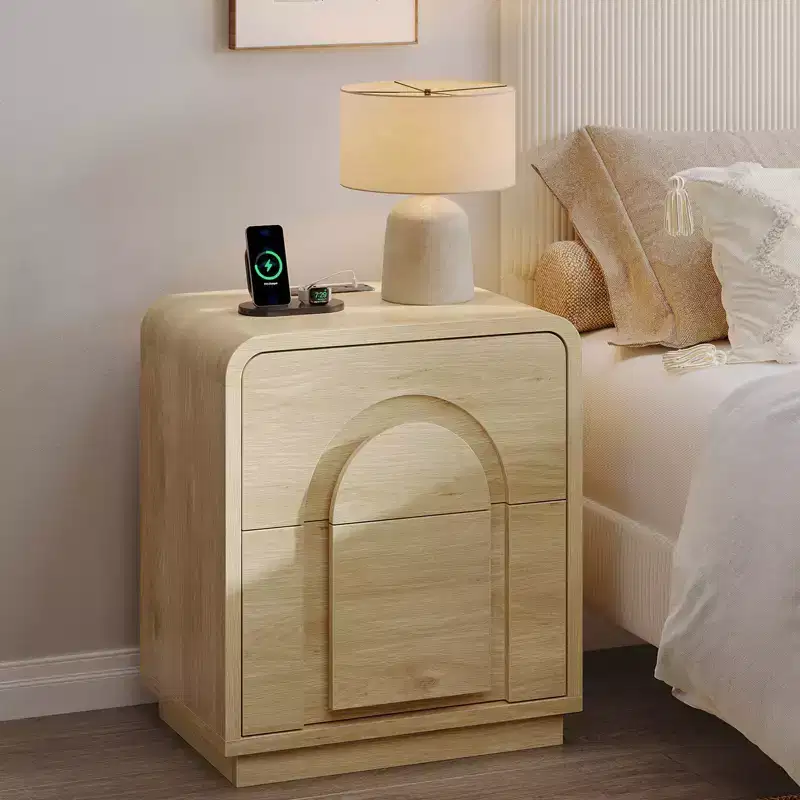 Nightstand with Charging Station, Modern LED End Tables with 2 Drawers, Boho Bedside Table with Storage for Bedroom & Living Room, Natural Oak