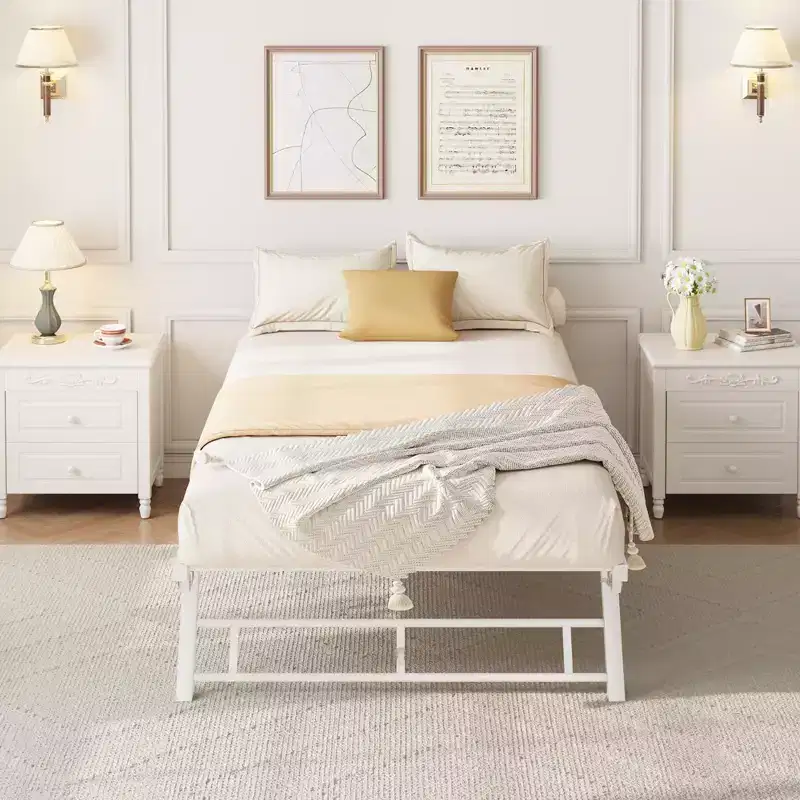 Pop-Up Trundle Bed Frame - Twin Size, Metal Slats, Lockable Casters, Noise-Free, White