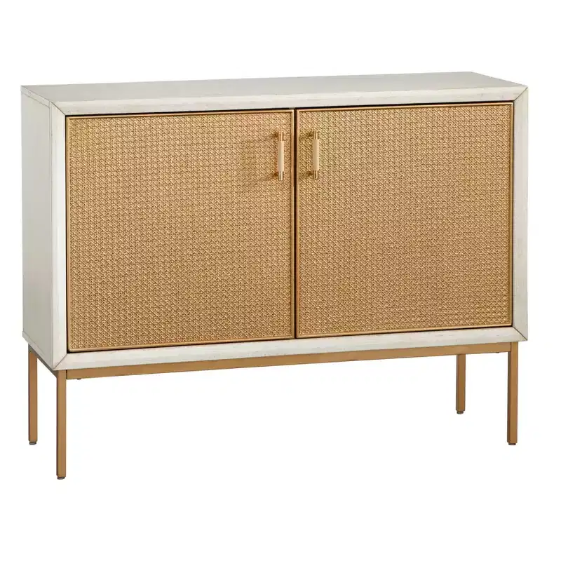 Antique White & Natural Rattan Door Buffet – Glam Style Sideboard with Adjustable Shelves