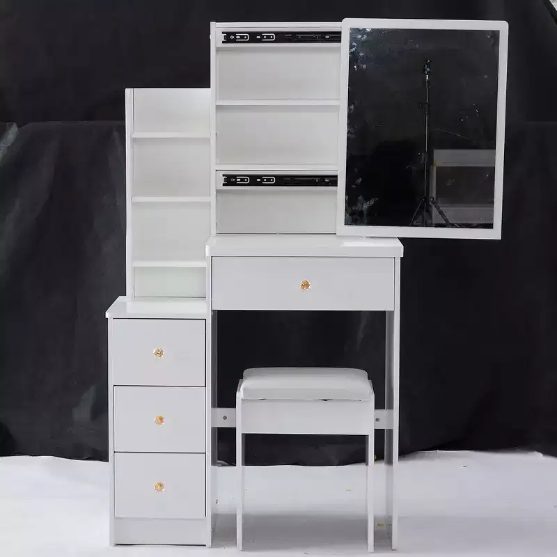 Small Size Left Bedside Cabinet Dressing Dressing Table + Cushioned Stool, Extra Large Sliding Mirror, Multi Layer