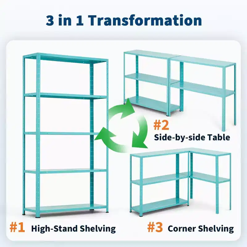 5-Tier Adjustable Storage Shelf, Metal Bookshelf with 500lb Capacity for Home, Garage, or Pantry, 35W x 68H x 12D - Green
