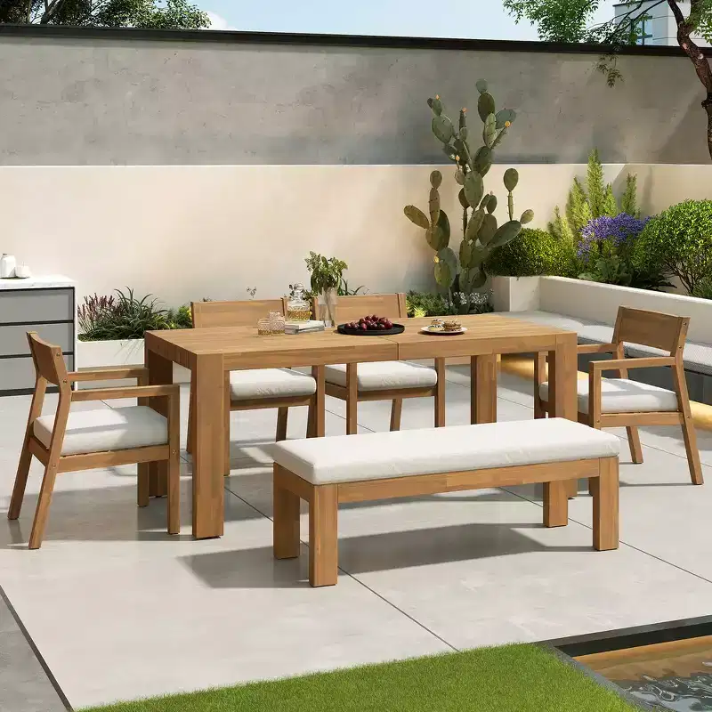 Whisen Patio Dining Table Set for 6, Outdoor Furniture Sets with Umbrella Hole, Table, Chairs and Bench
